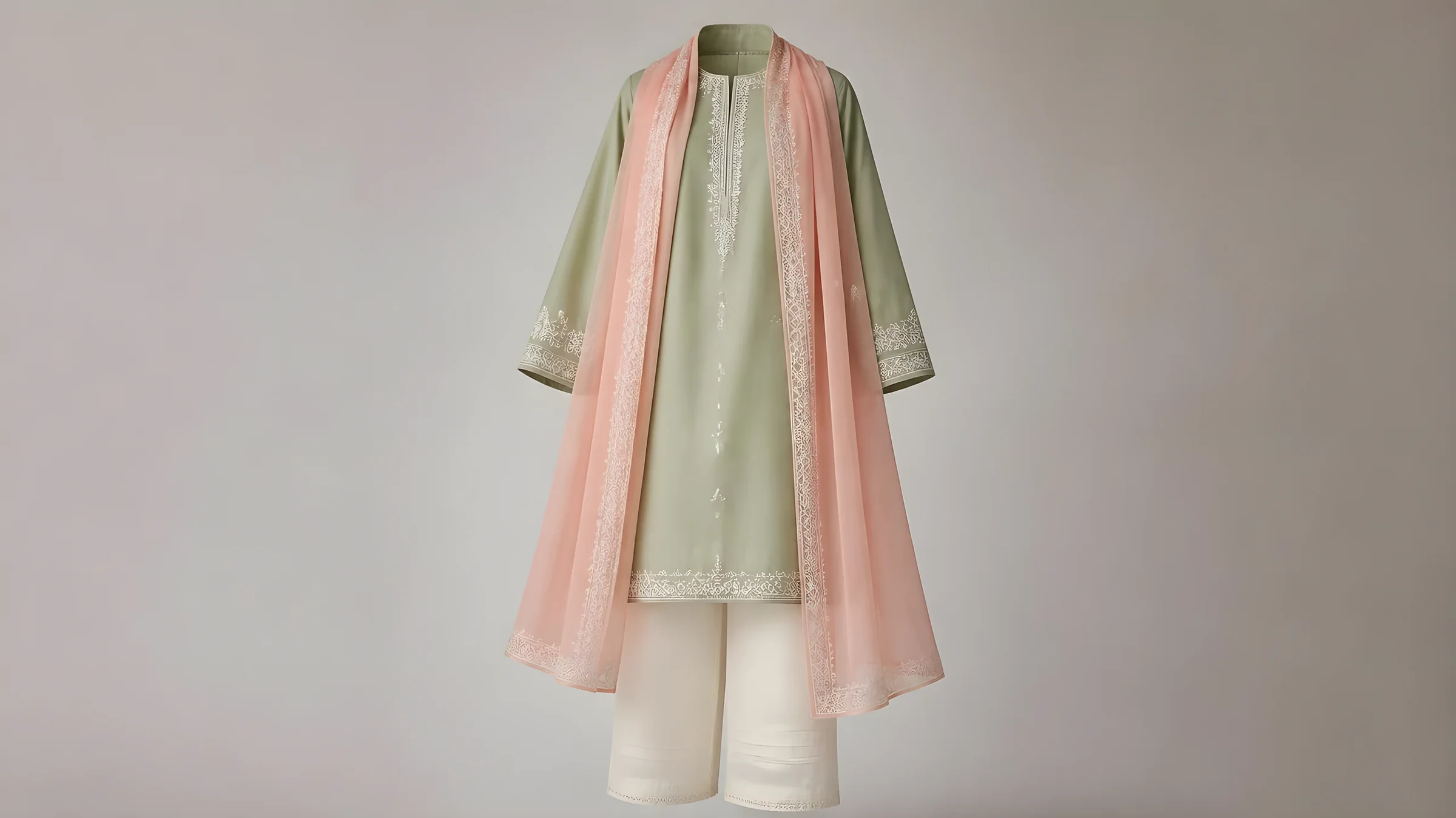 Sage green embroidered kameez with ivory trousers and a dusty pink chiffon dupatta draped over both shoulders, ghost mannequin style