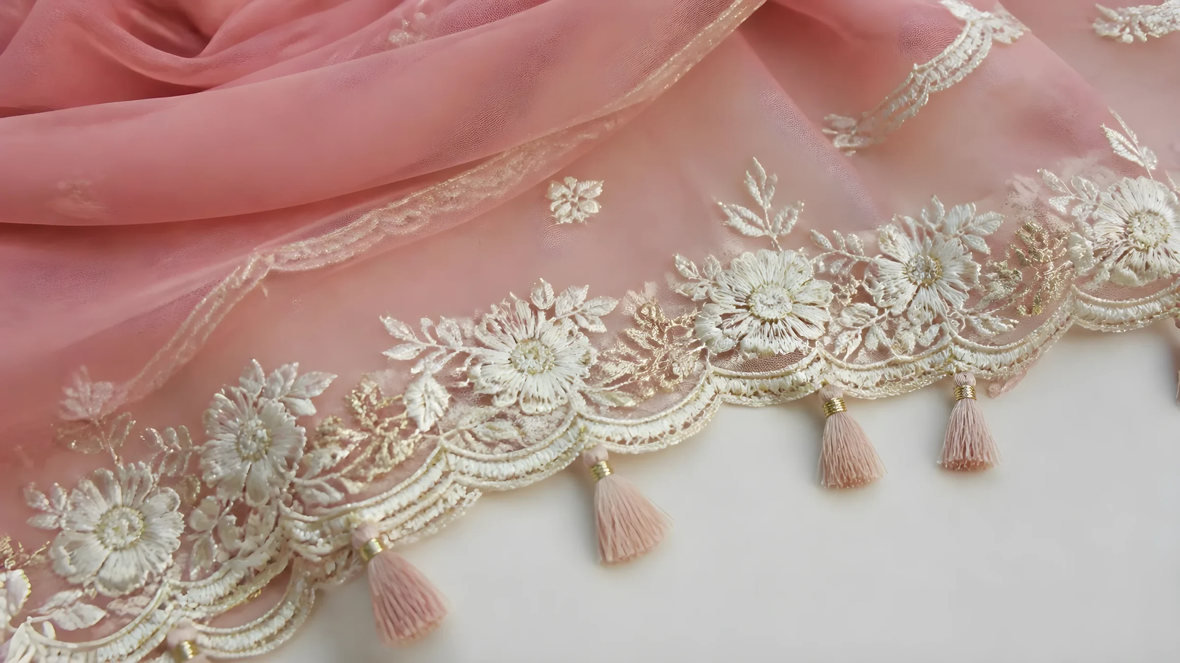Close-up of a dusty rose chiffon dupatta border with ivory floral thread embroidery, scalloped edge and small pink tassels