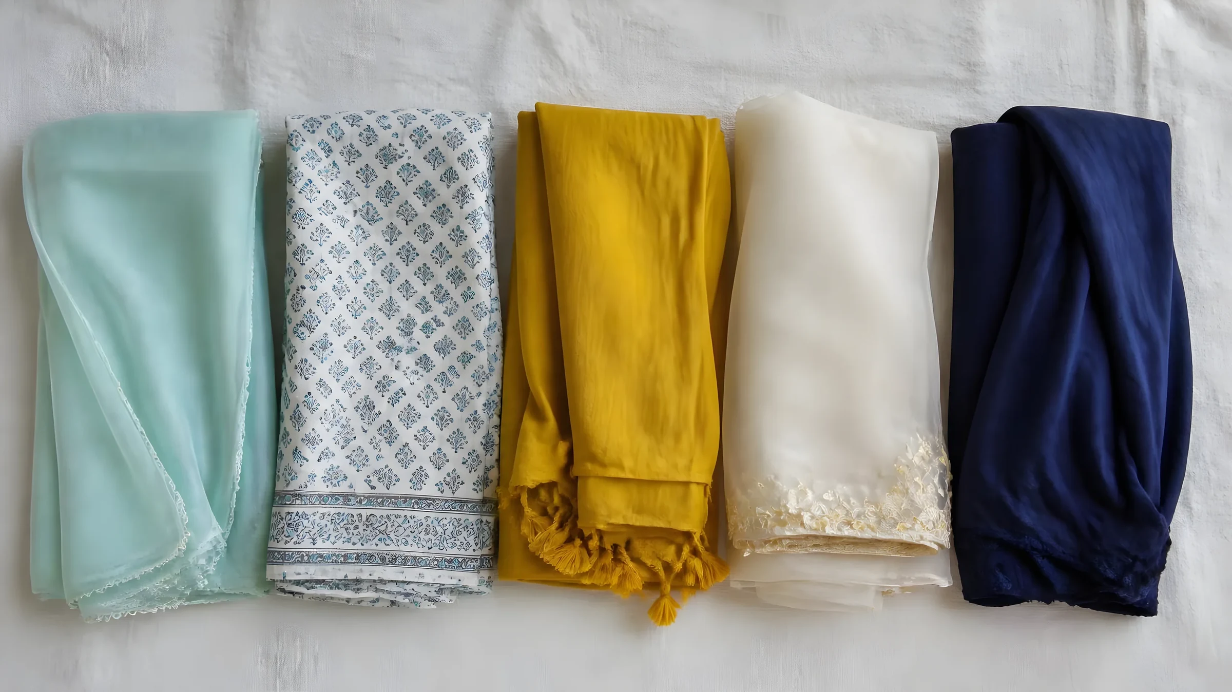 Five folded dupattas in mint chiffon, block-printed cotton lawn, mustard cotton with tassels, ivory embroidered organza and navy jersey