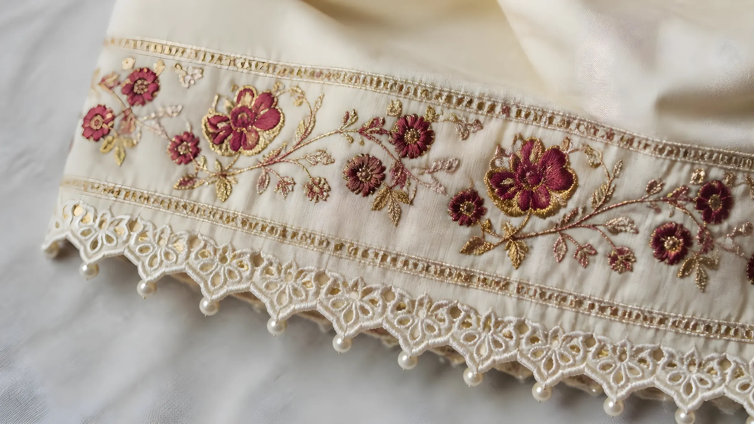 Close-up of an ivory cotton trouser hem with maroon and gold thread floral embroidery, a scalloped cutwork lace edge and a row of small pearls