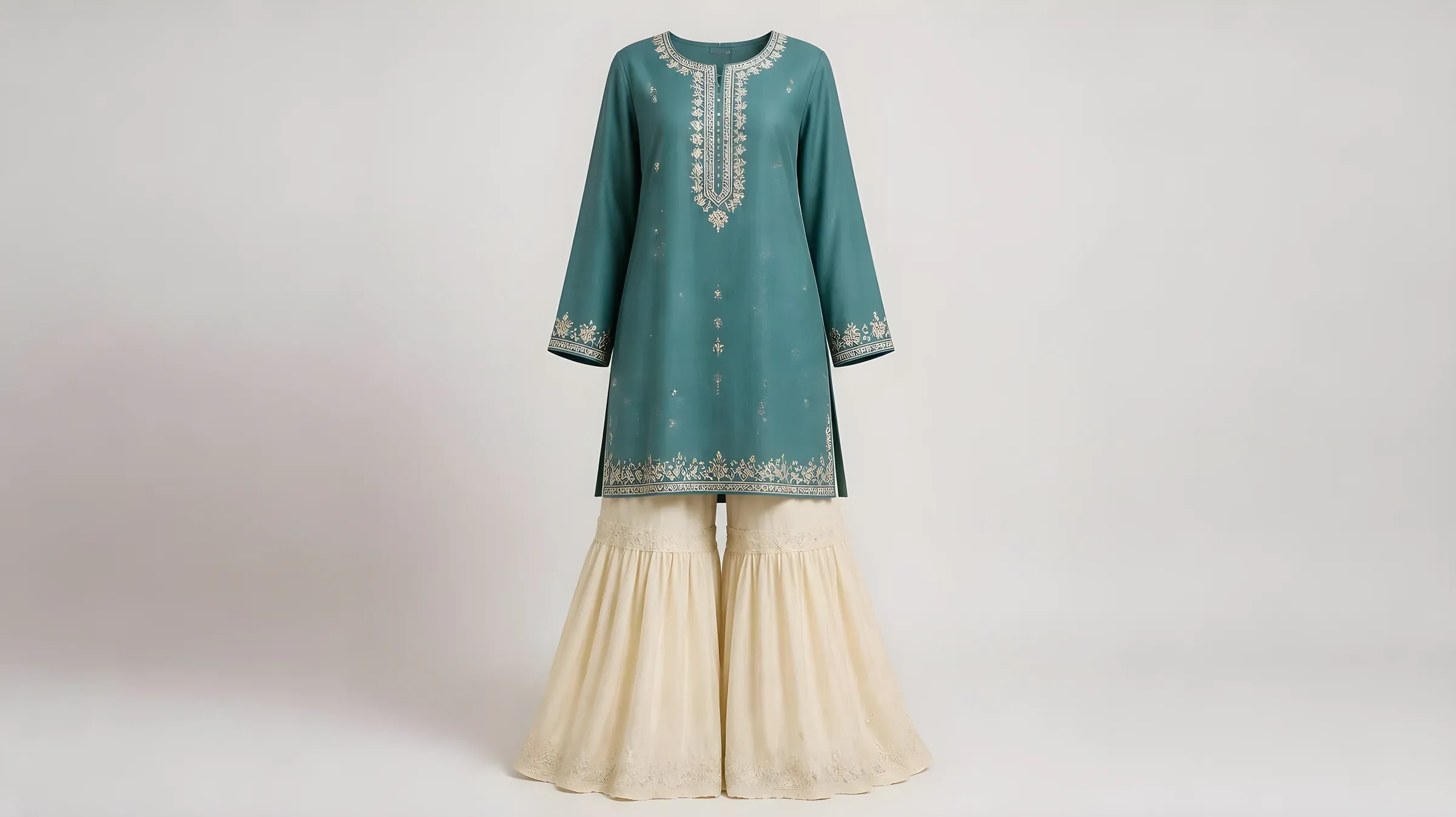 Teal embroidered straight kameez over a wide ivory gharara that flares from the knee to the floor, ghost mannequin style
