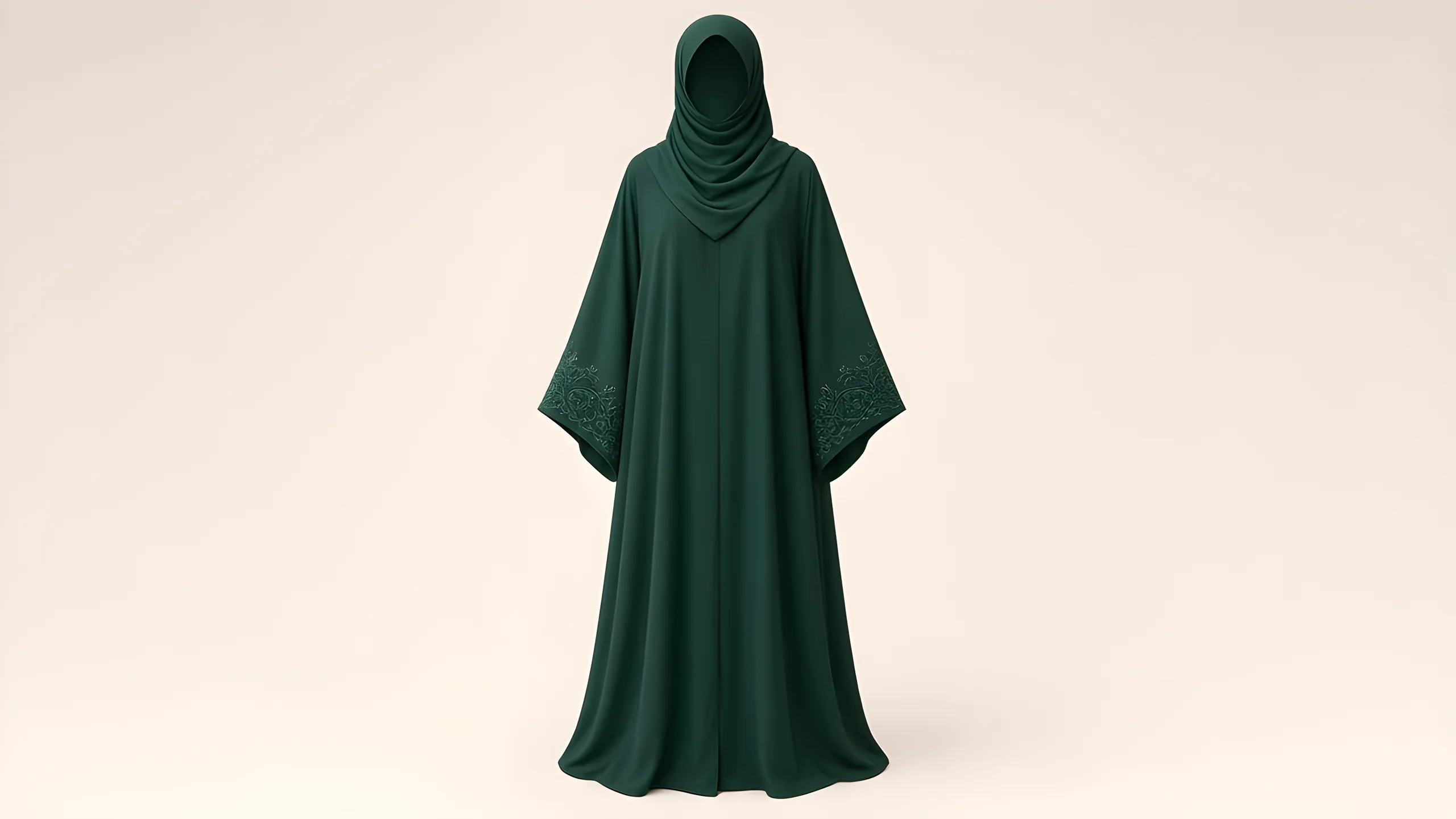 Emerald green abaya with matching hijab on an invisible form