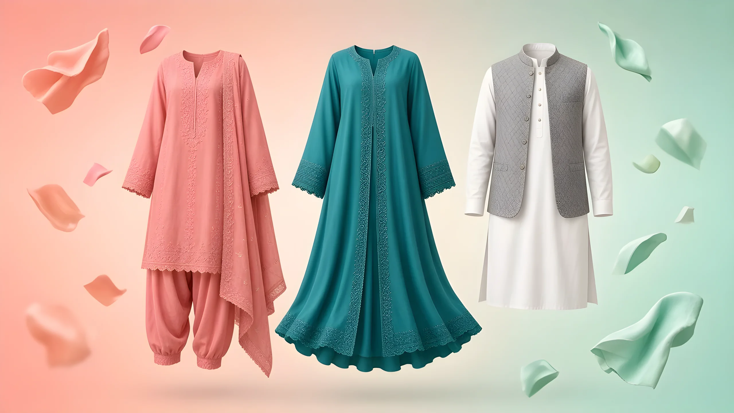 Three modest Pakistani outfits in coral, teal and white on invisible forms against a pastel gradient