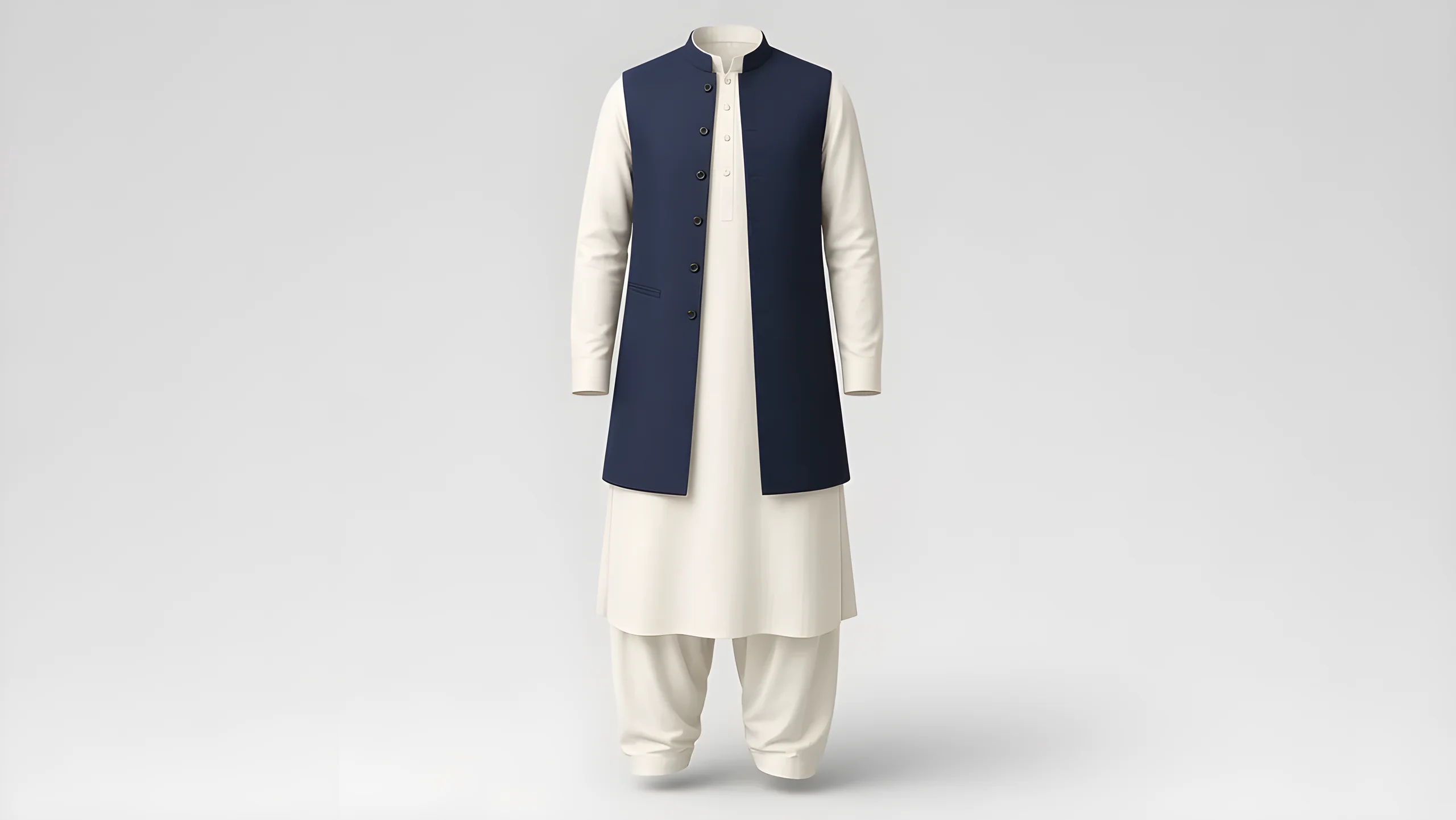 Men's cream kurta with navy waistcoat on an invisible form