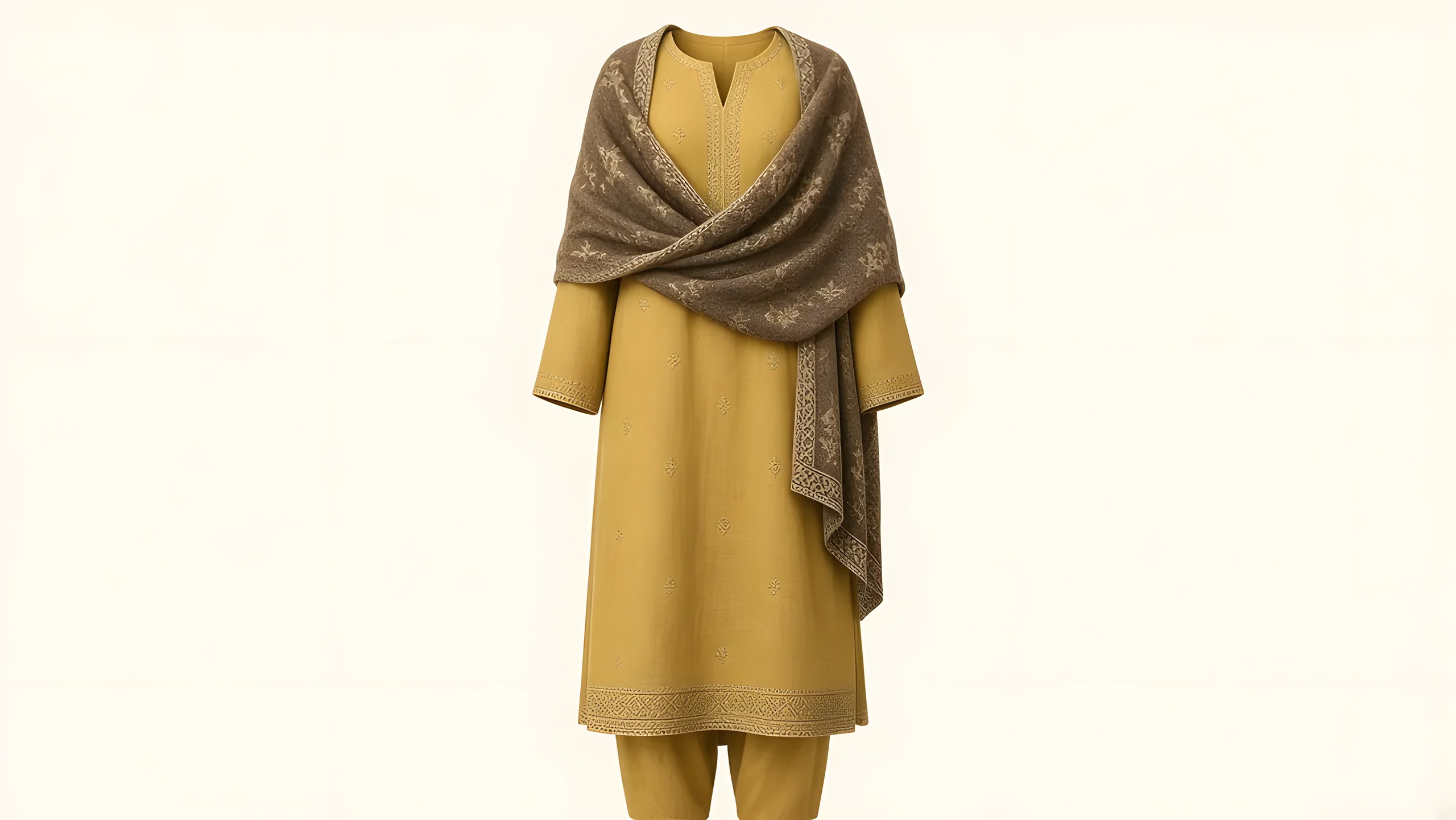 Mustard winter khaddar outfit with warm shawl on an invisible form