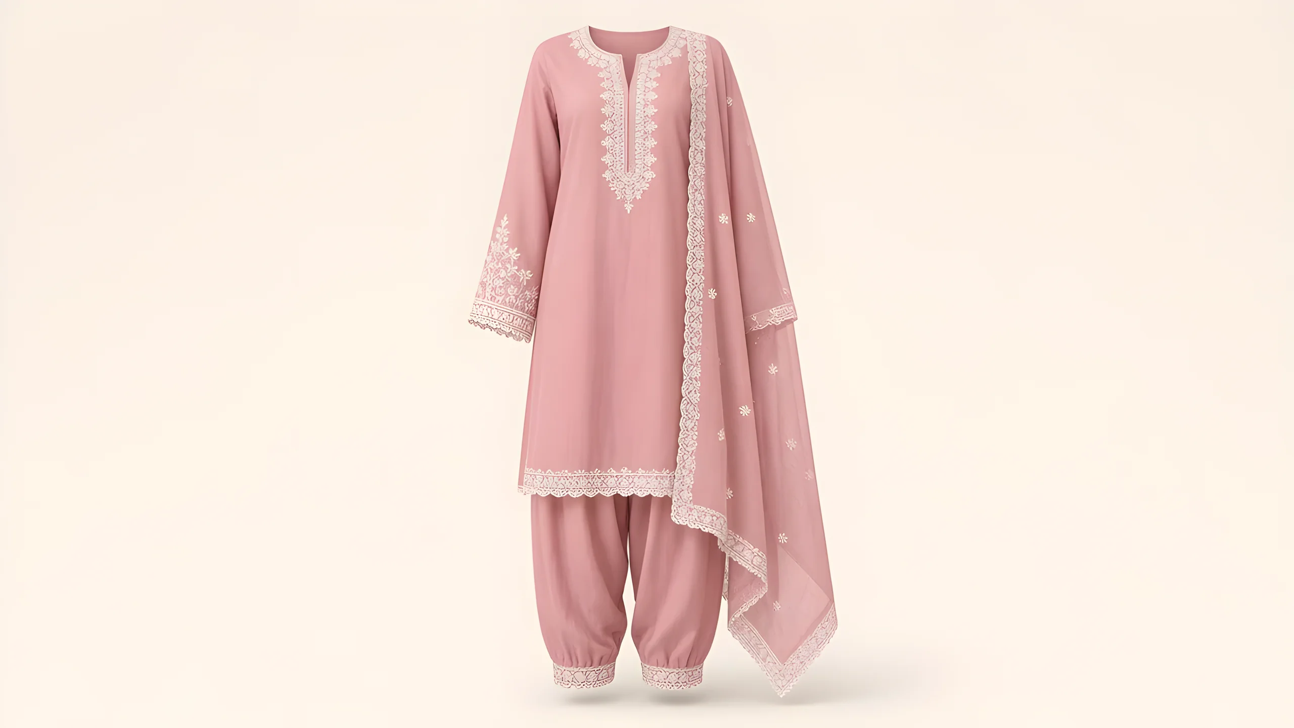 Rose pink women's shalwar kameez with dupatta on an invisible form