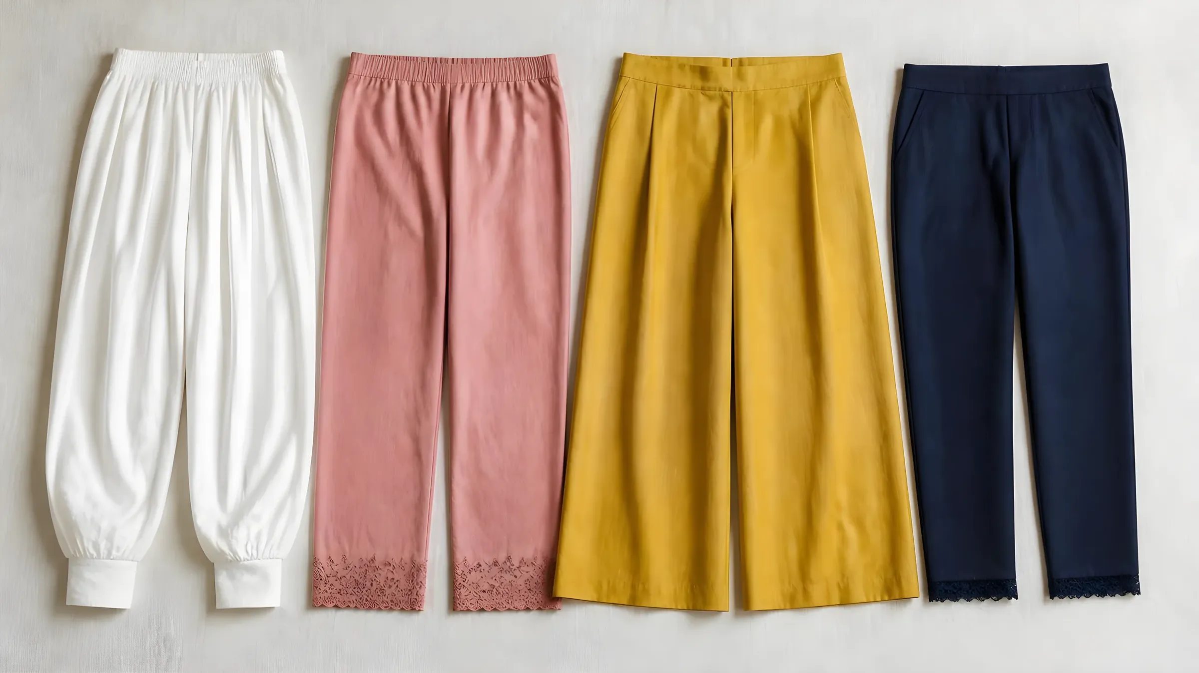 Four Pakistani trouser styles laid flat side by side: a white gathered cotton shalwar, dusty pink straight trousers with a lace hem, mustard wide-leg culottes and navy cigarette pants with a lace trim