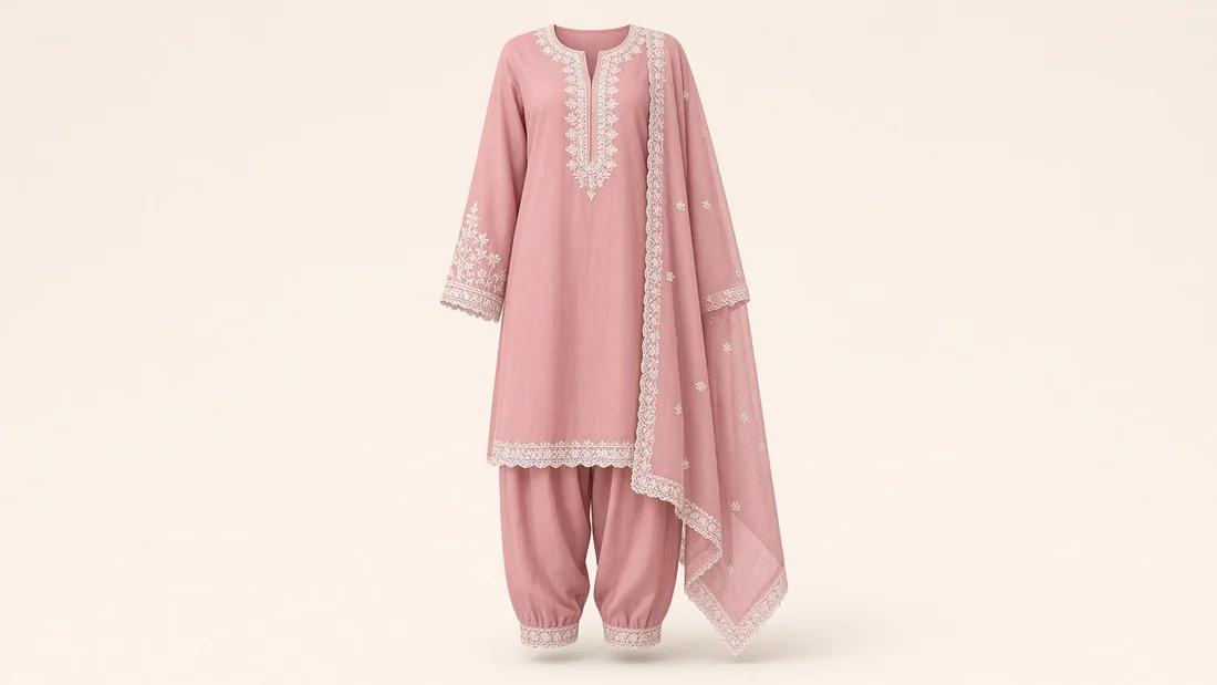 Loose, modest women's kurta with trousers and dupatta on a ghost mannequin